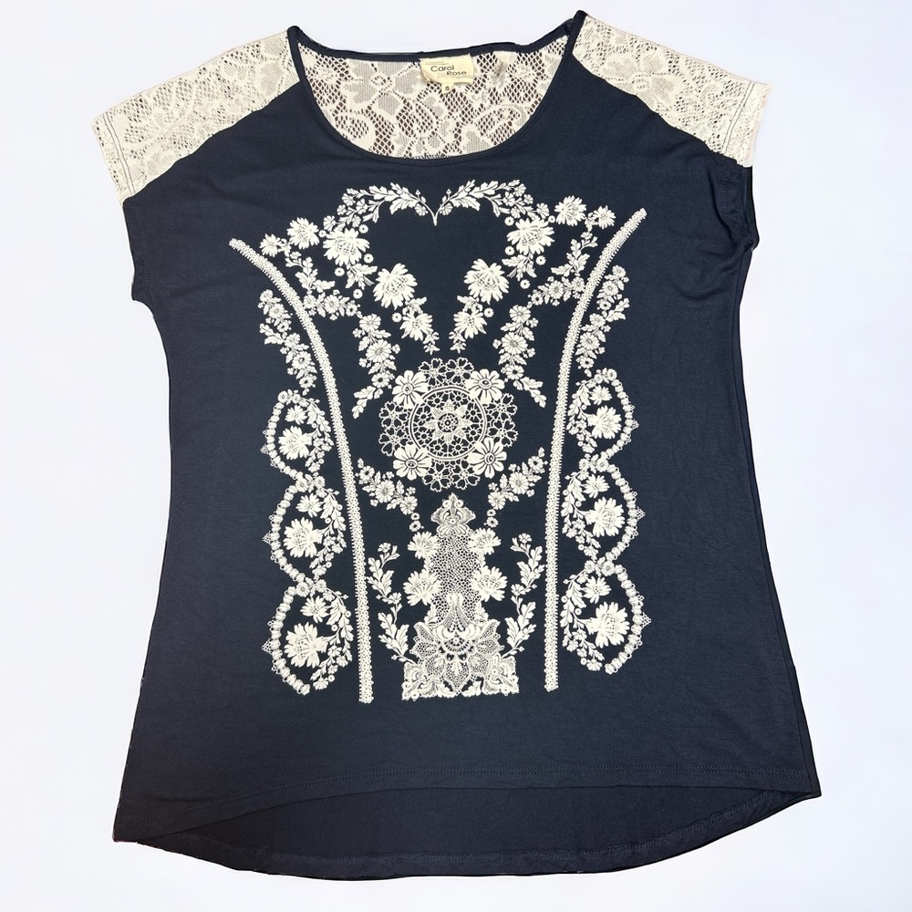 Carol Rose Navy Blue Rayon Lace Panel Embroidered Top Size S